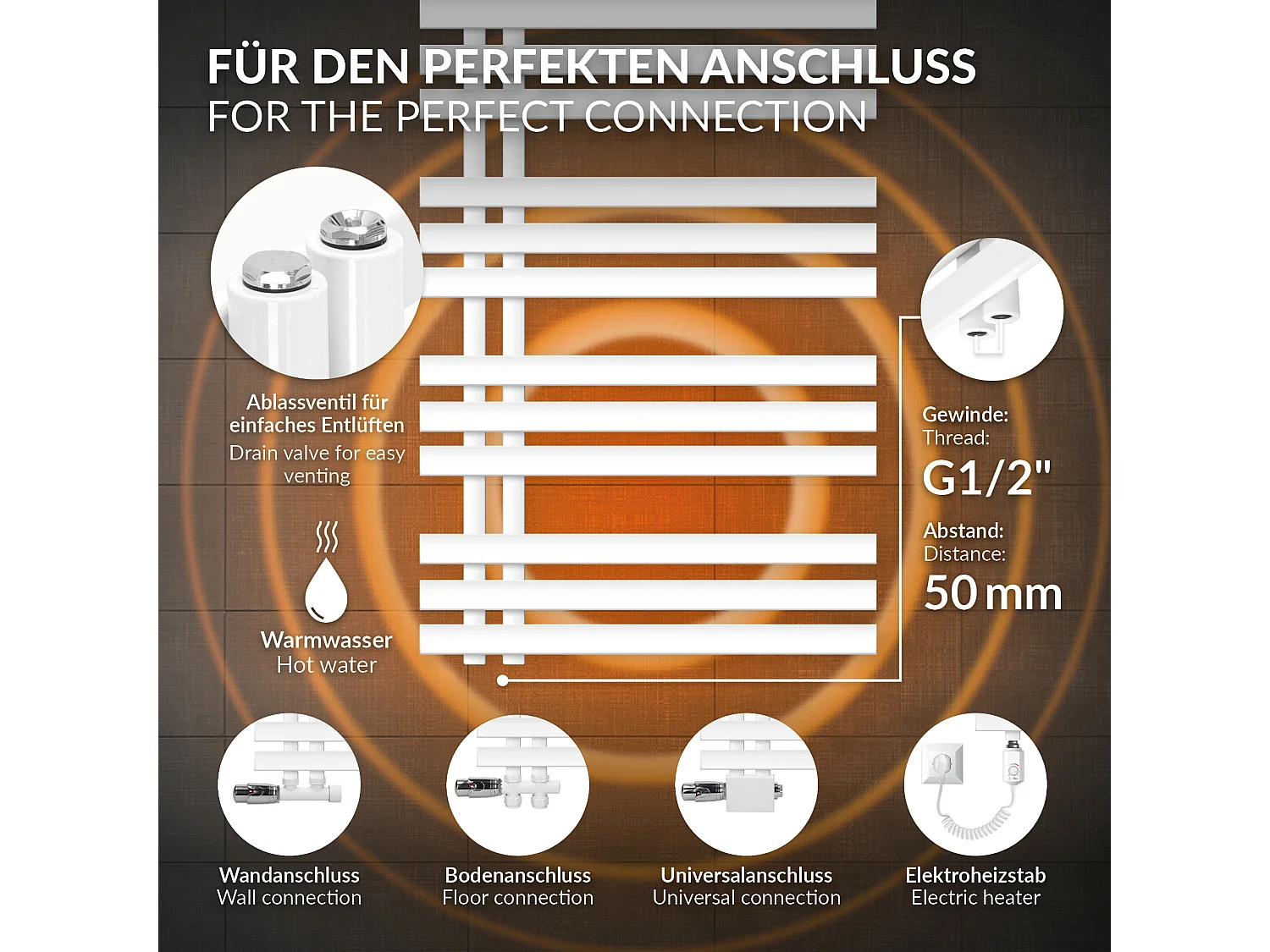 Radiateur de Salle de Bain Iron EM 600x1400 mm Blanc Raccord Central au Bas avec Garniture