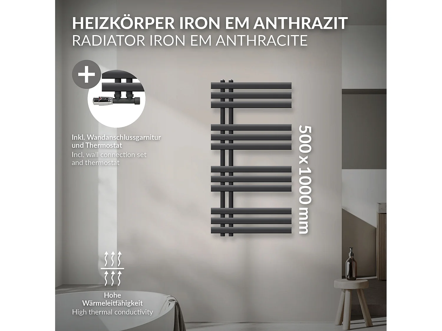 Radiatore da bagno Iron EM 500x1000 mm Antracite Attacco Centrale Inferiore