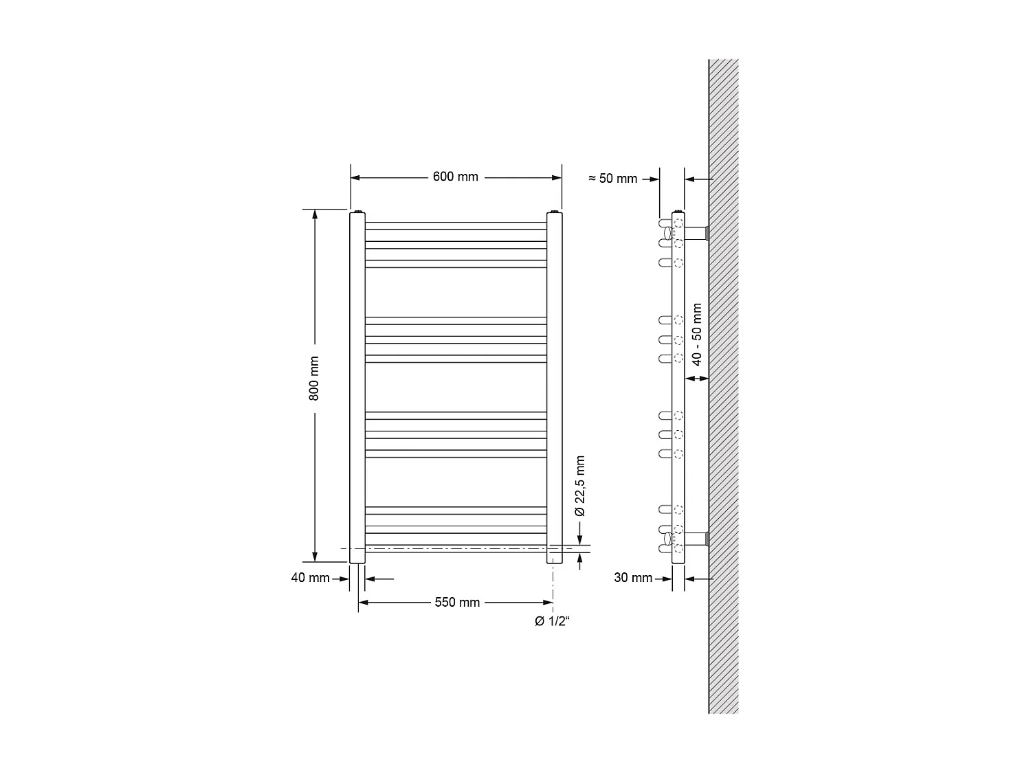 Radiateur Sèche-serviettes électrique 600 x 800 mm Barre courbé blanche 300W