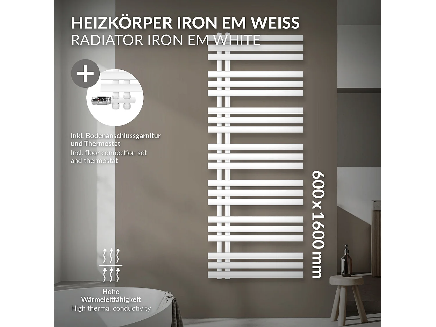 Radiatore da bagno Iron EM 600x1600mm Bianco Attacco Centrale Inferiore con Profilo