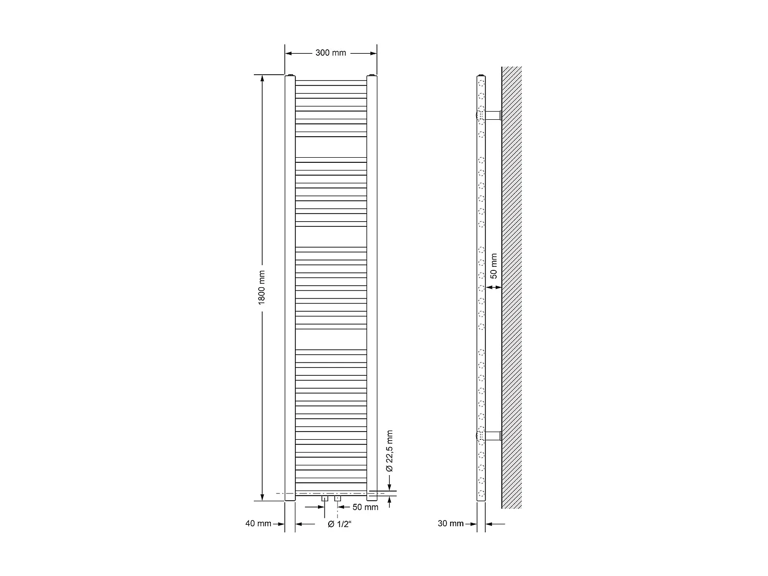 Radiatore da bagno, 300 x 1800 mm, bianco, dritto con attacco centrale