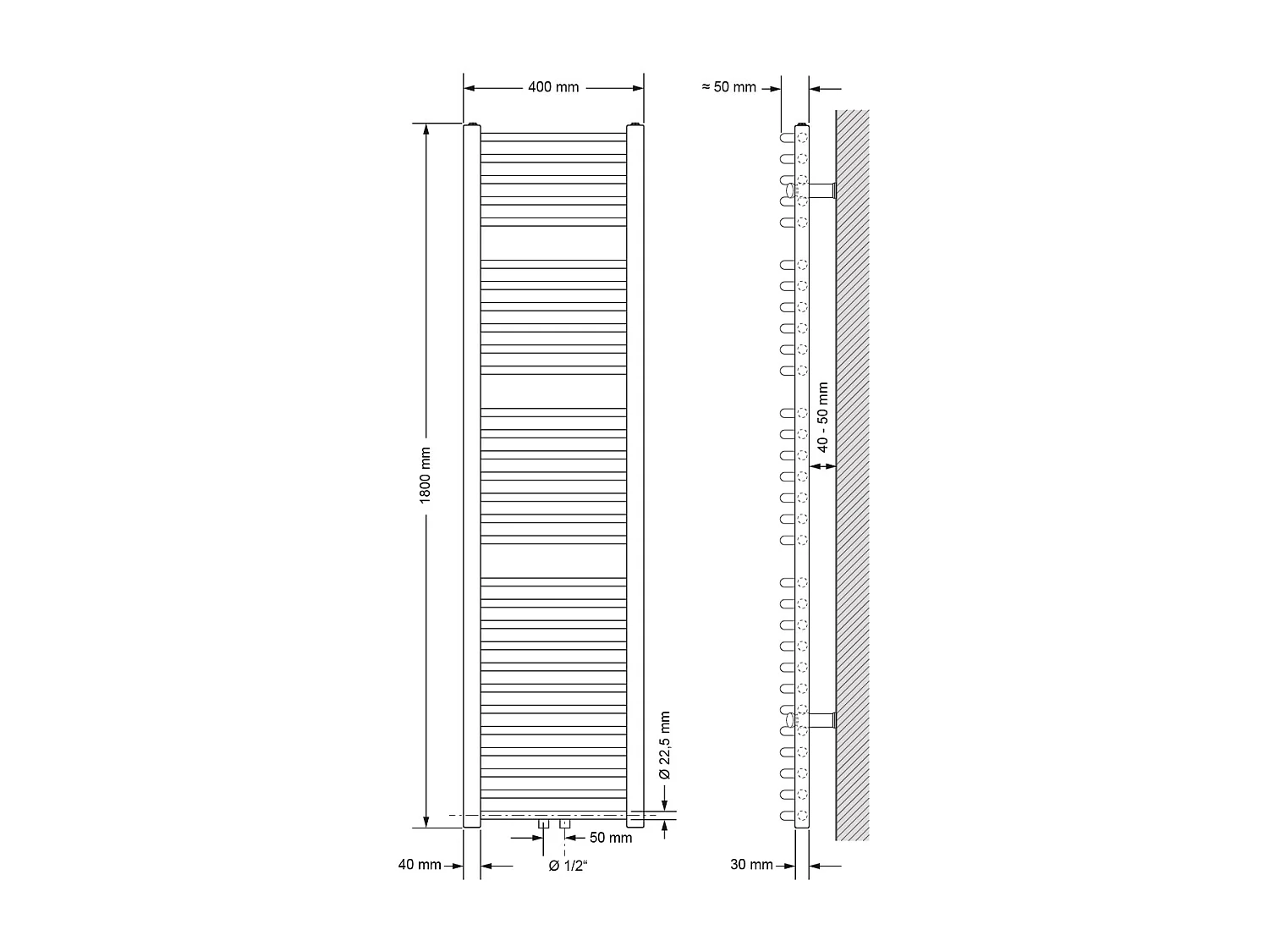 Radiateur Design Sahara Non Electrique, 400 x 1800 mm, Blanc, Connexion Central