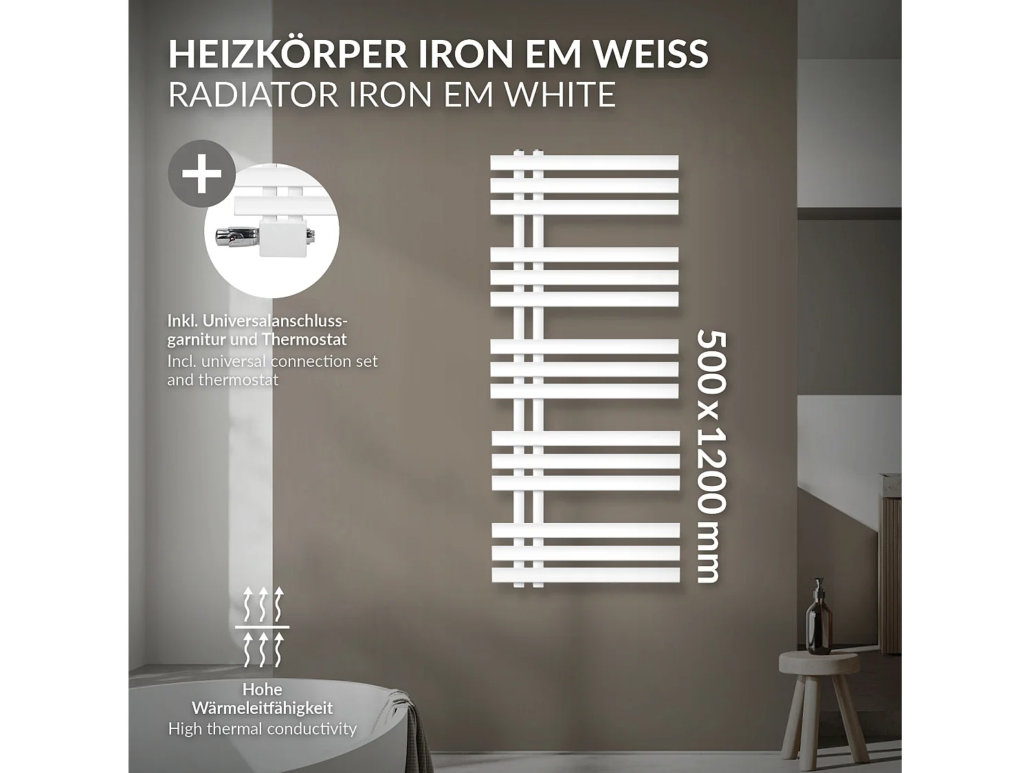 Radiador de baño Iron EM 500x1200 mm, blanco, termostato + embellecedor