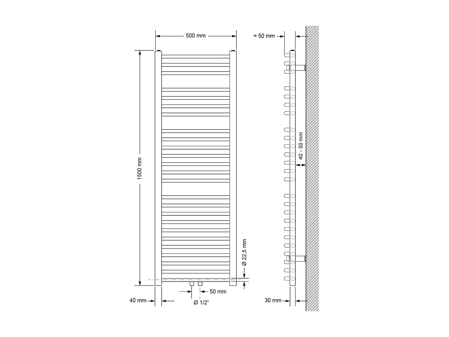 Radiateur Salle de Bain 500x1500 mm Anthracite Courbé Raccord Central au Bas