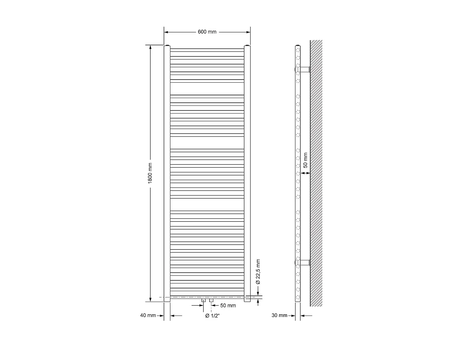 Radiateur Design Sahara Non Electrique, 600 x 1800 mm, Blanc, Connexion Central
