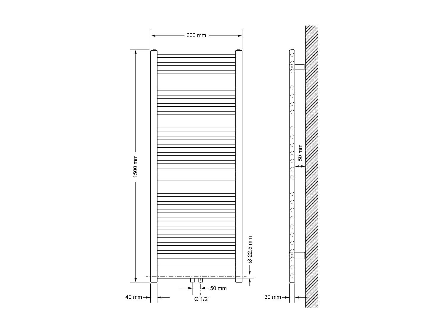 Radiatore di design Sahara non elettrico, 600 x 1500 mm, bianco, attacco centrale, con kit