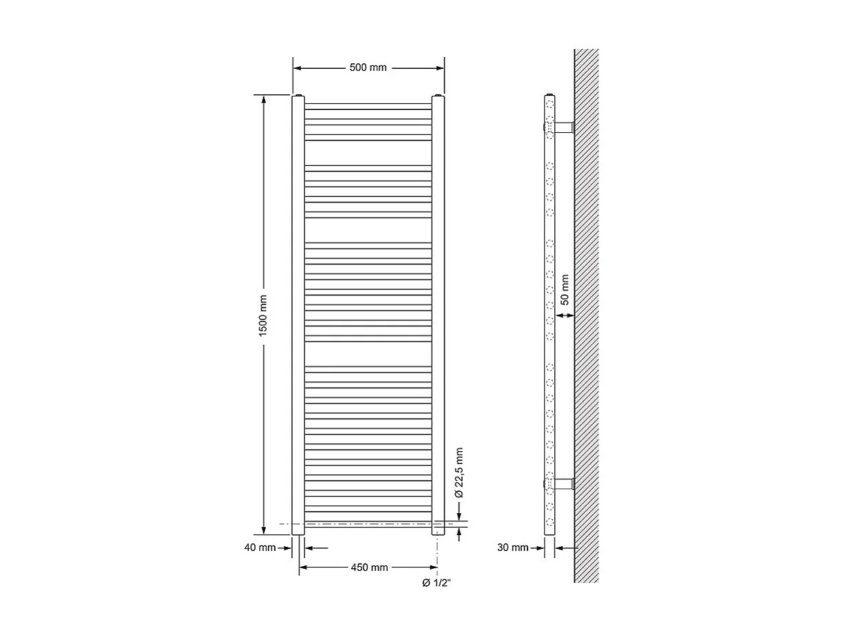 Radiatore elettrico da bagno, 500 x 1500 mm, bianco, dritto