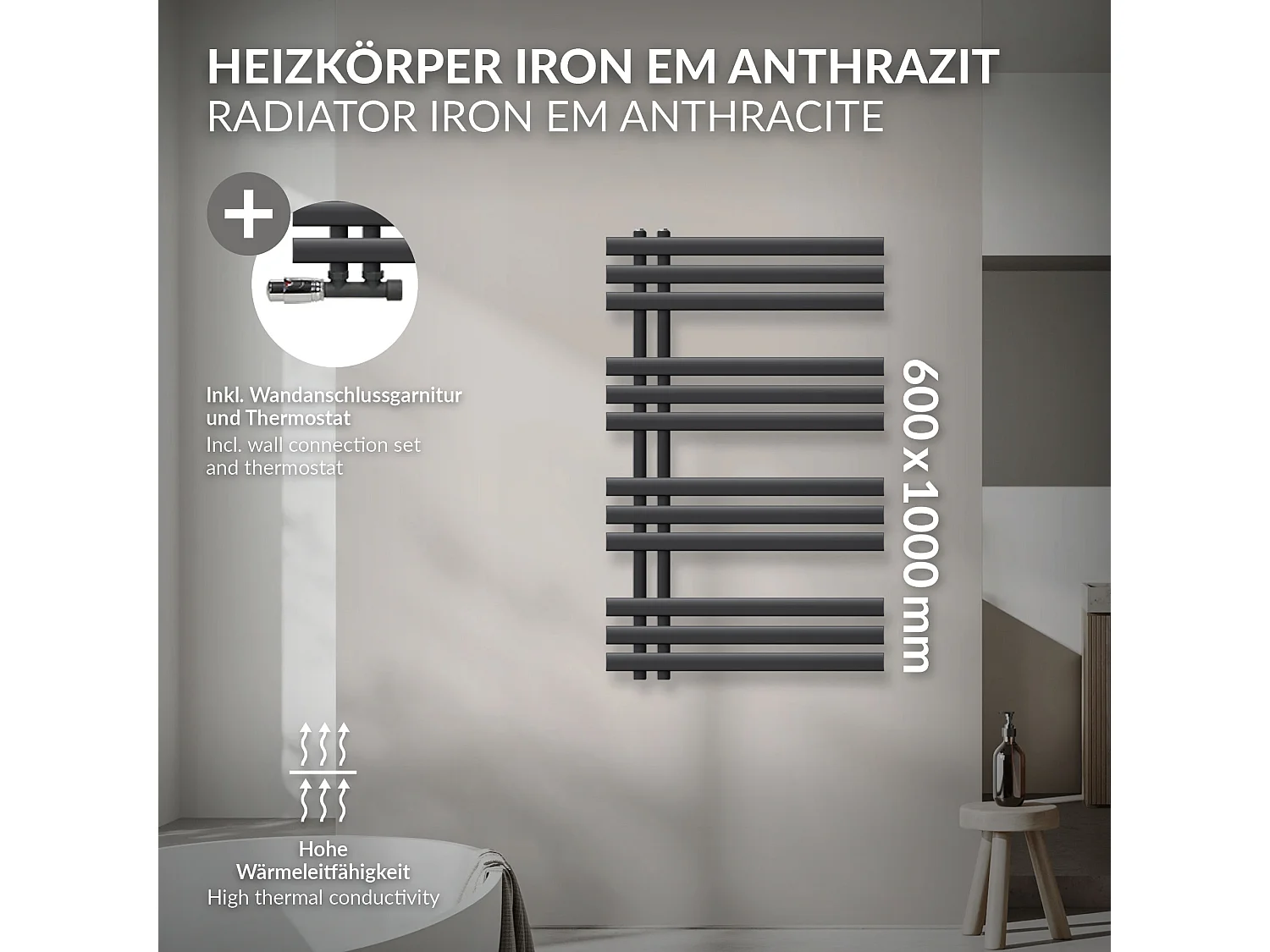 Radiatore da bagno Iron EM 600x1000 mm Antracite Attacco Centrale Inferiore