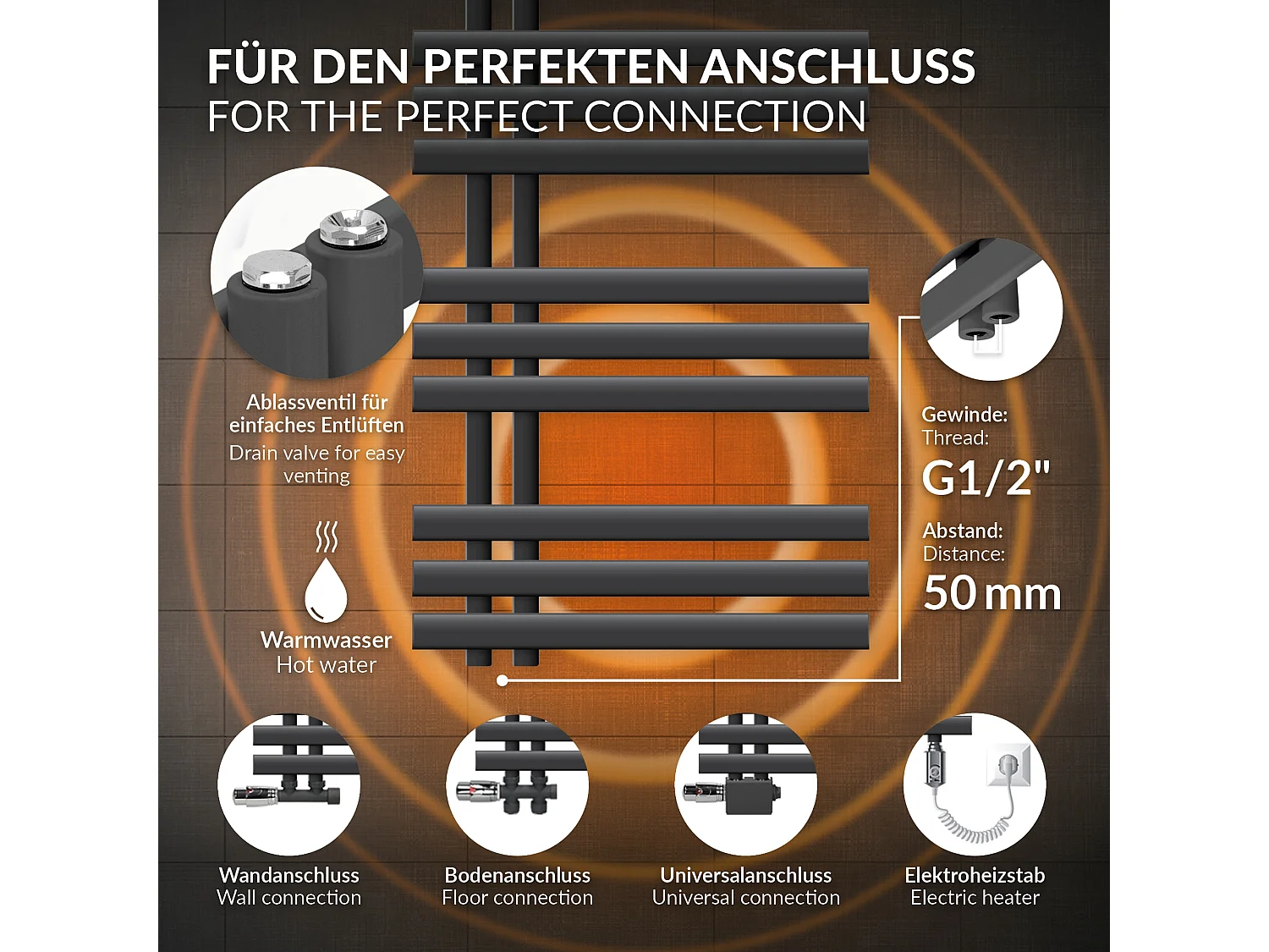 Radiatore da bagno Iron EM 600x1000 mm Antracite Attacco Centrale Inferiore
