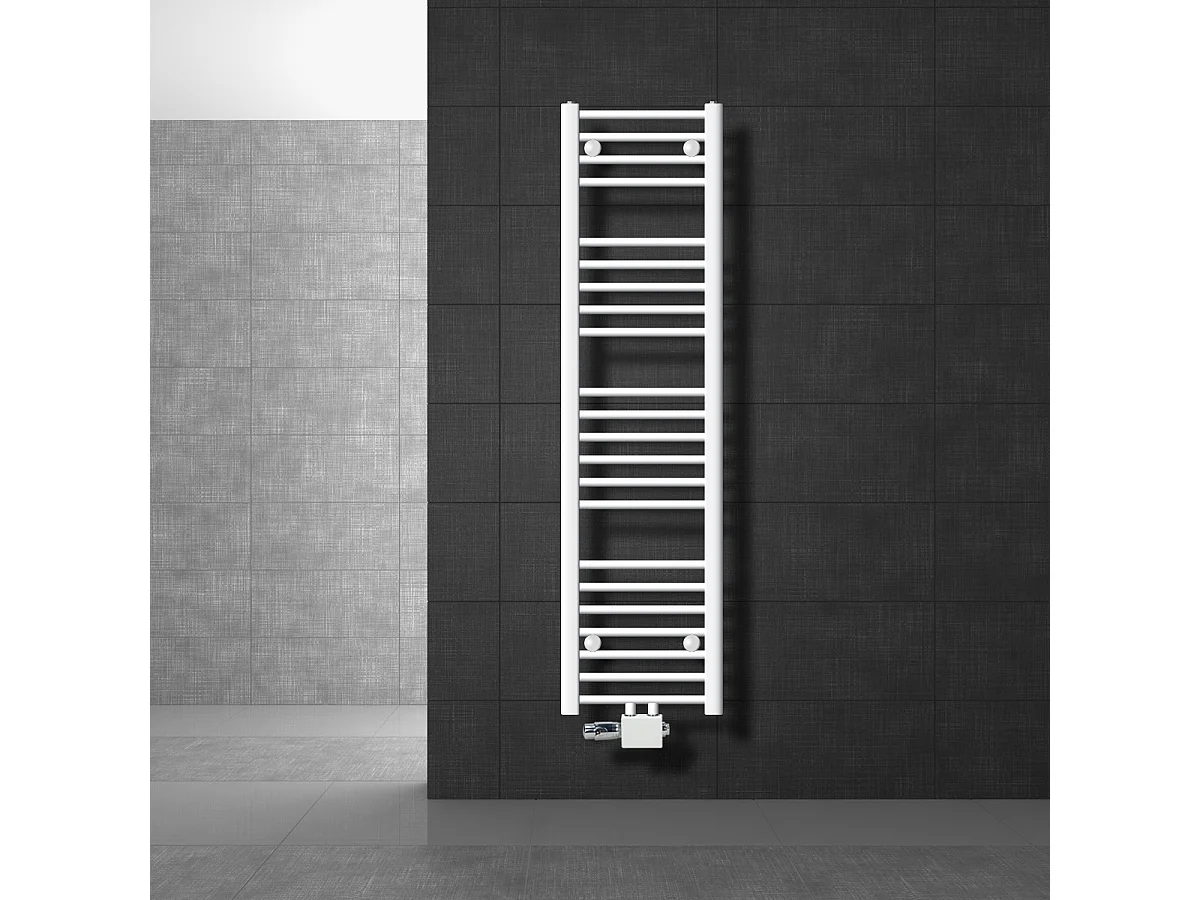 Radiatore da Bagno con Attacco Centrale 300x1400 mm, Bianco Dritto con Termostato