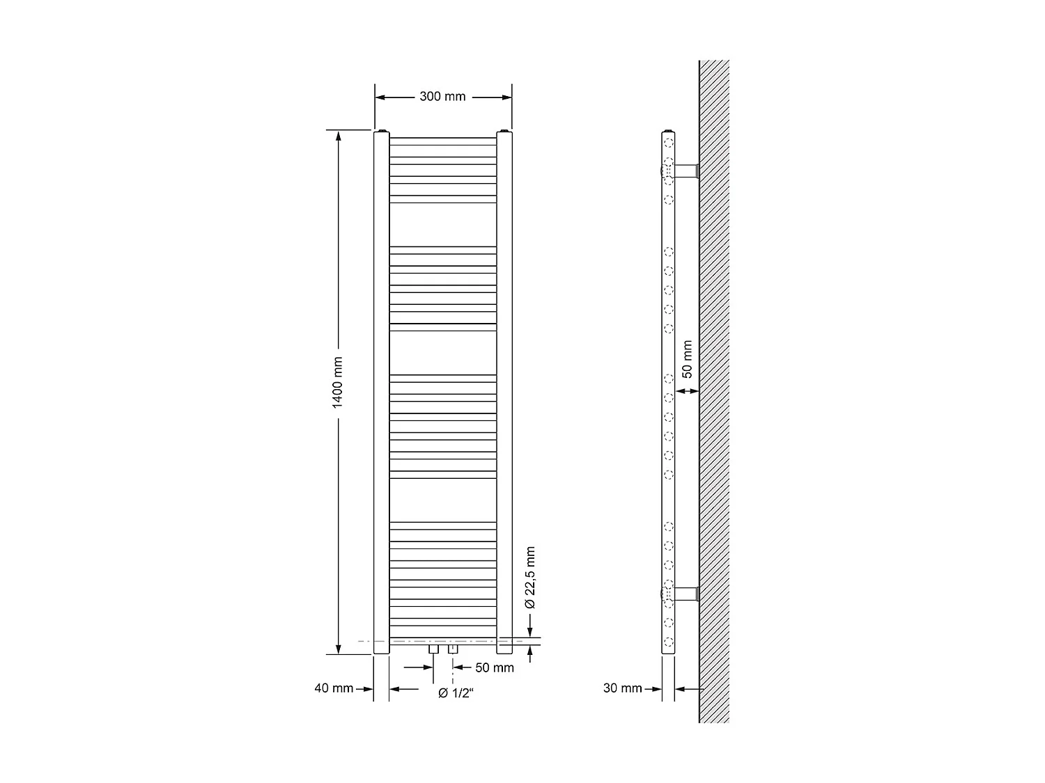 Radiatore da Bagno con Attacco Centrale 300x1400 mm, Bianco Dritto con Termostato