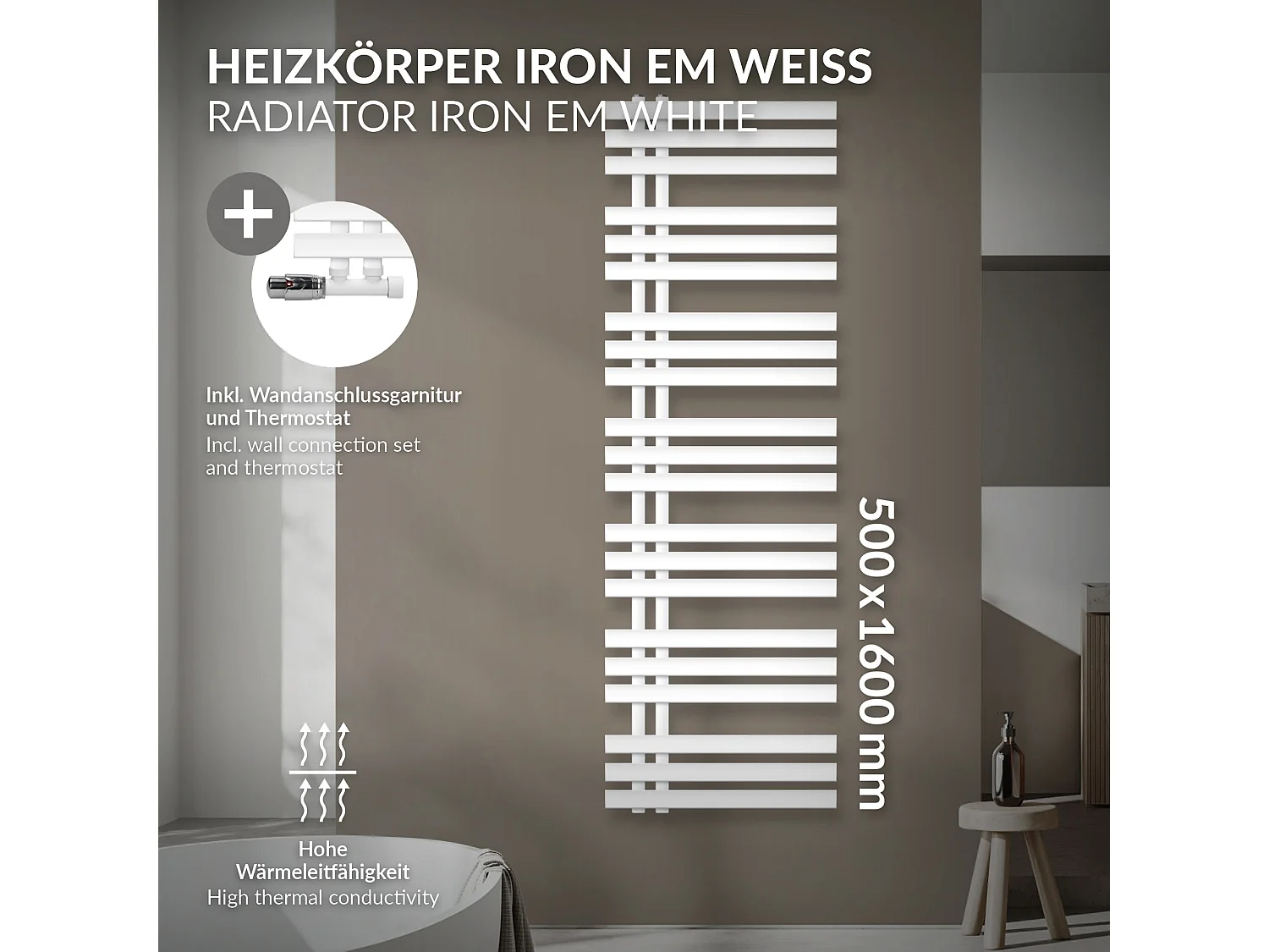 Radiateur de Salle de Bain Iron EM 500x1600 mm Blanc Raccord Central au Bas avec Garniture