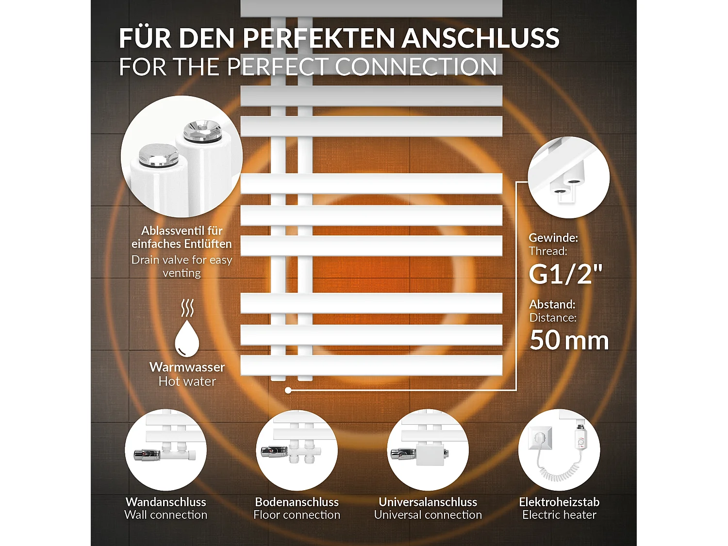 Radiateur de Salle de Bain Iron EM 500x1600 mm Blanc Raccord Central au Bas avec Garniture