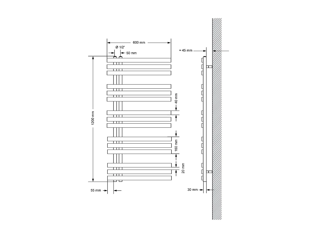 Radiateur de Salle de Bain Iron EM 600x1400 mm Anthracite Raccord Central au Bas