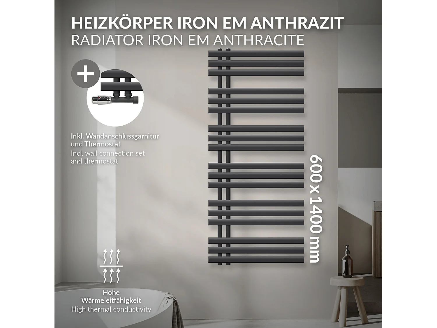 Radiatore da bagno Iron EM 600x1400 mm Antracite Attacco Centrale Inferiore