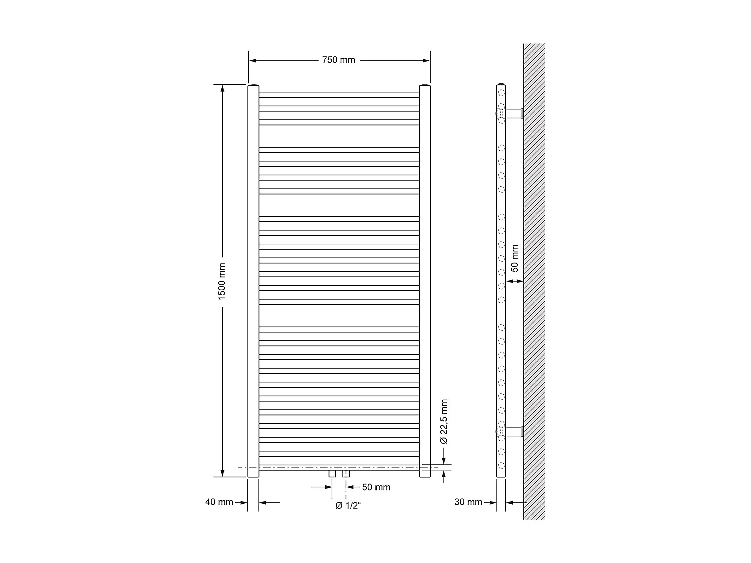 Radiatore Sahara non elettrico, 750 x 1500 mm, bianco, attacco centrale, con kit