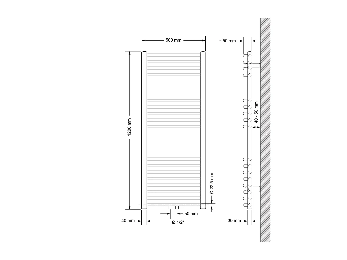 Radiatore Sahara non elettrico, 500 x 1200 mm bianco - attacco centrale