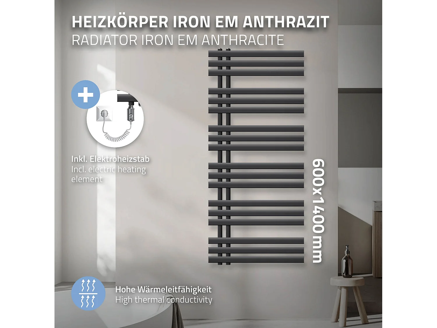 Design Radiateur DHK Iron EM, élément chauffant 900W, 600 x 1400 mm, anthracite