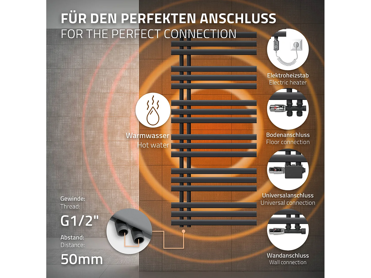 Design Radiateur DHK Iron EM, élément chauffant 900W, 600 x 1400 mm, anthracite