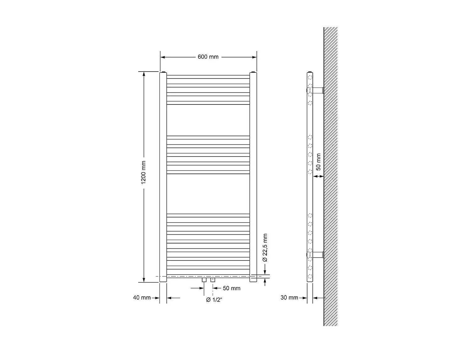Radiador de diseño no eléctrico Sahara, 600 x 1200 mm, color blanco, conexión central