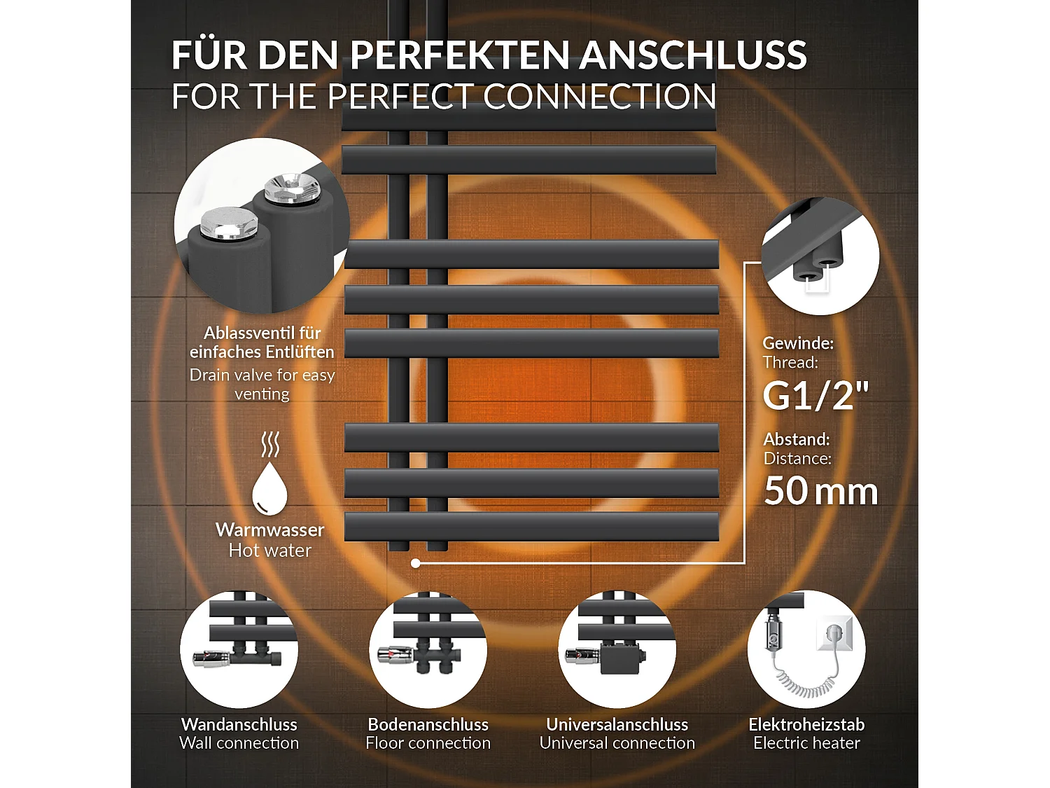 Radiateur de Salle de Bain Iron EM 500x1200 mm Anthracite Raccord Central au Bas