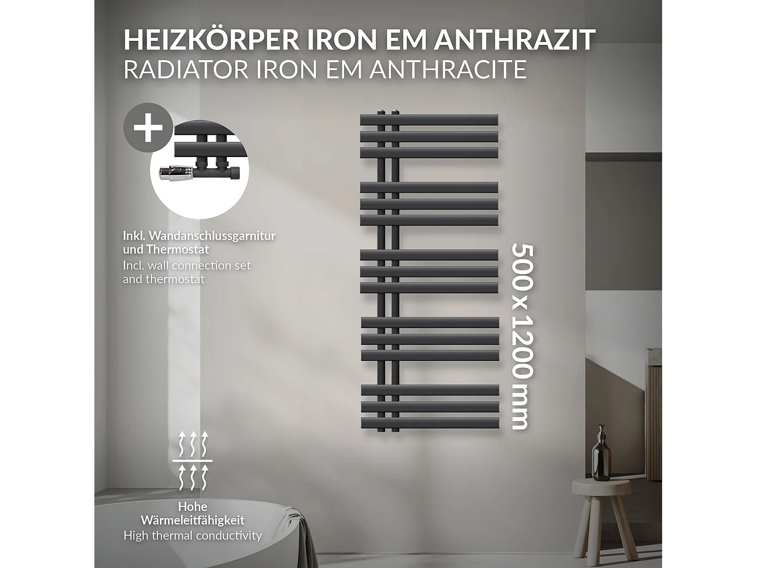 Radiatore da bagno Iron EM 500x1200 mm Antracite Attacco Centrale Inferiore