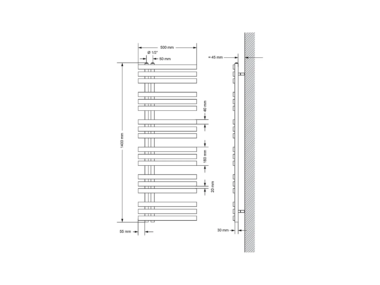 Radiatore elettrico Iron EM Design con resistenza 900 W, 500 x 1400 mm, bianco