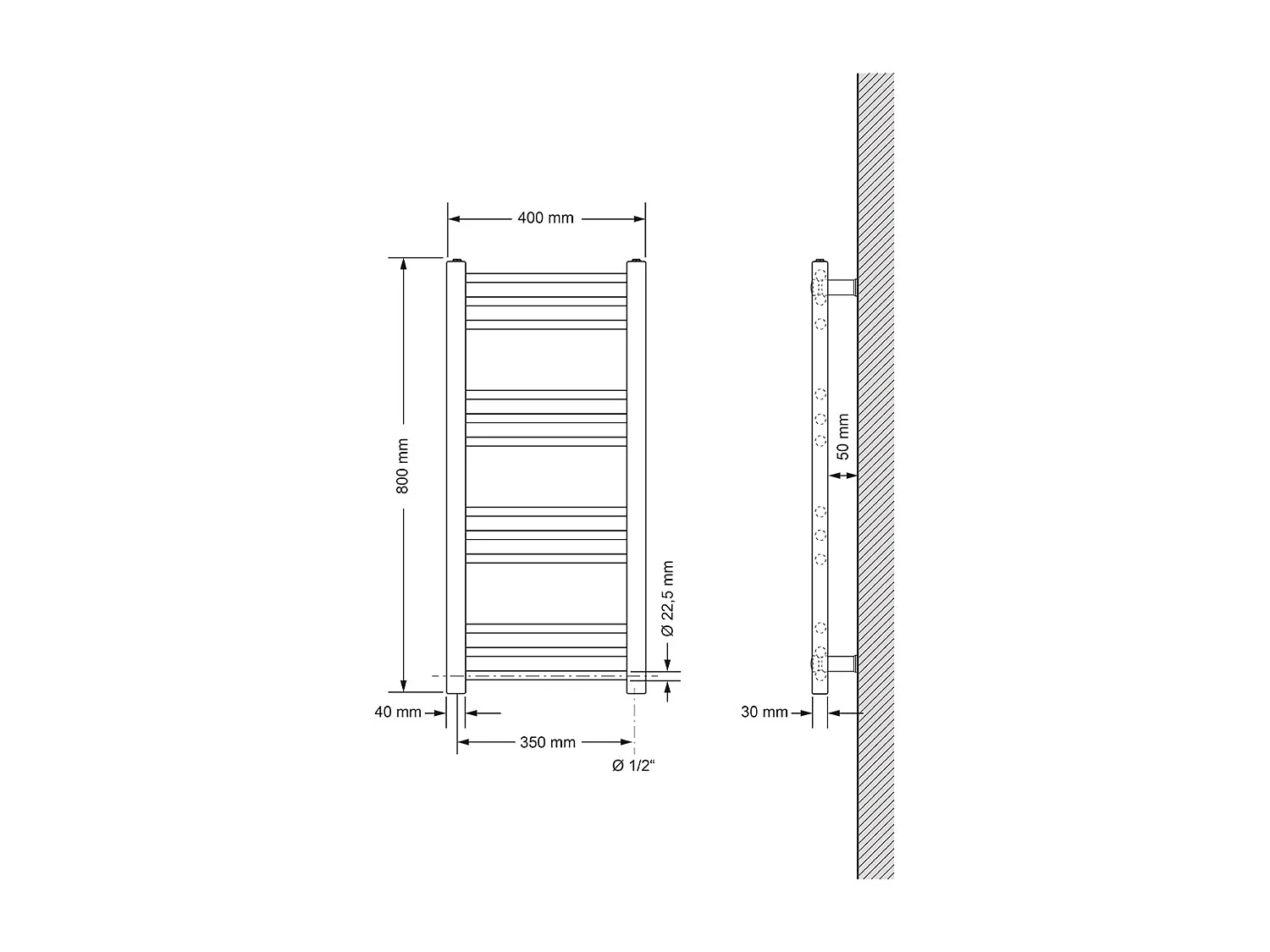 Radiateur avec Élément Chauffant Électrique 300W, 400 x 800 mm, Blanc, Connexion Latéral