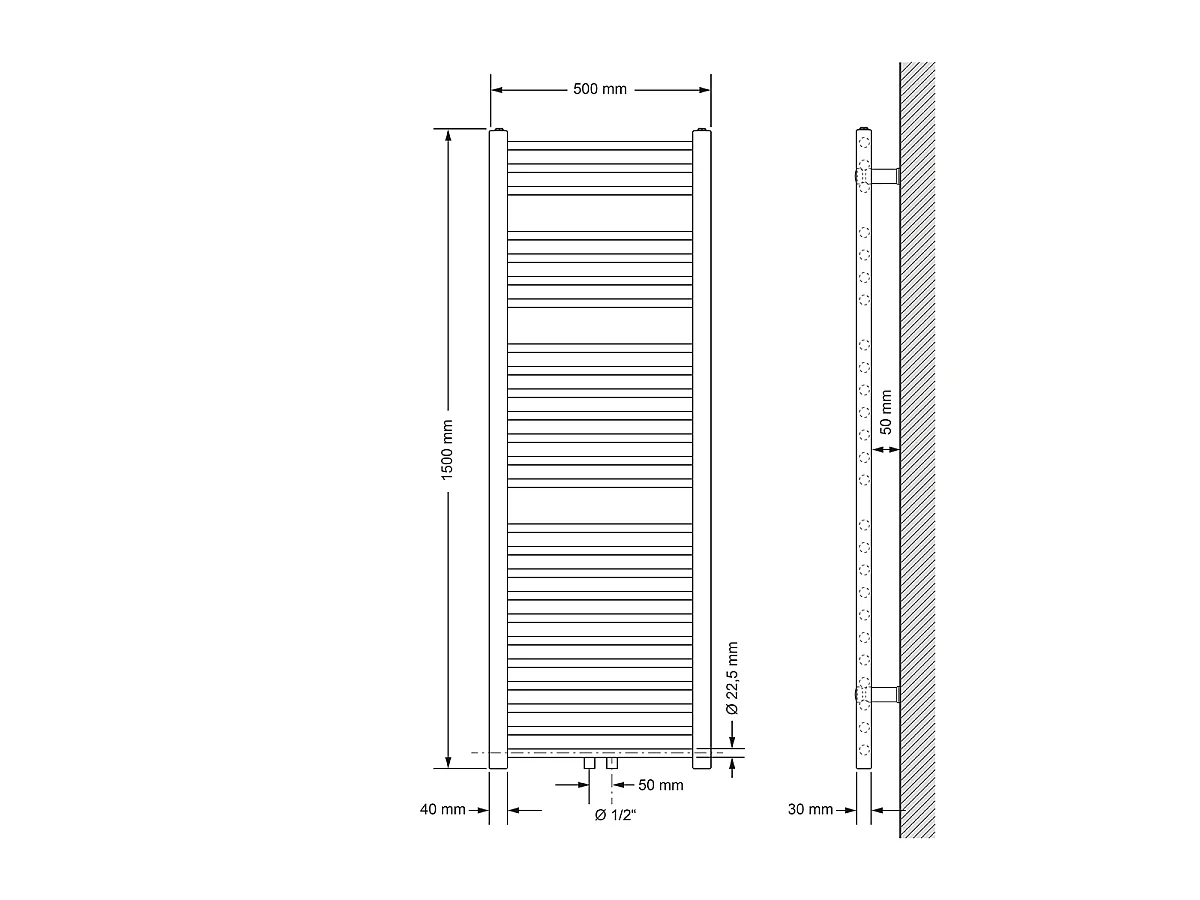 Radiatore Sahara non elettrico, 500 x 1500 mm, bianco, attacco centrale