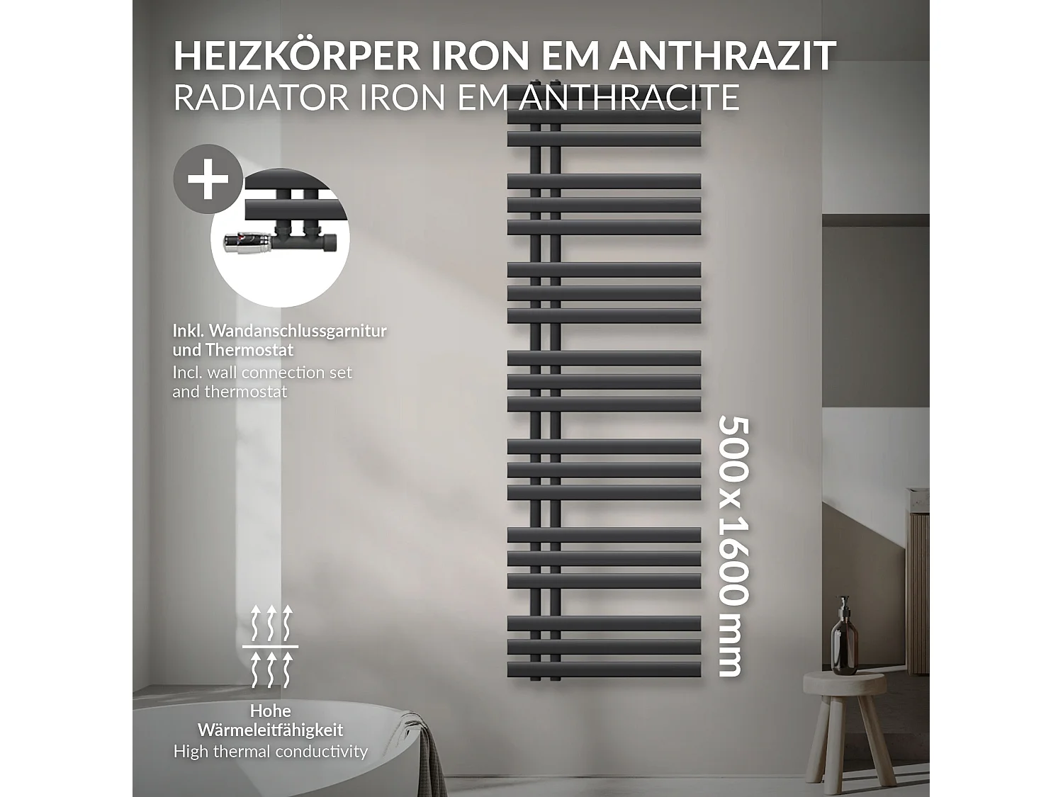 Radiateur de Salle de Bain Iron EM 500x1600 mm Anthracite Raccord Central au Bas