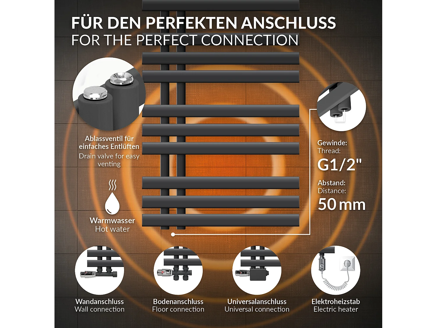 Radiatore da bagno Iron EM 500x1600 mm Antracite Attacco Centrale Inferiore