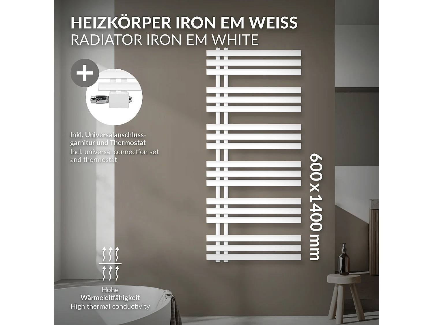 Radiateur Design Iron EM 600x1400 mm Blanc Raccord Central au Bas avec Garniture