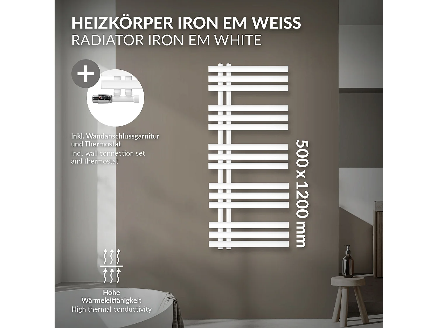 Radiatore da bagno Iron EM 500x1200mm Bianco Attacco Centrale Inferiore con Profilo