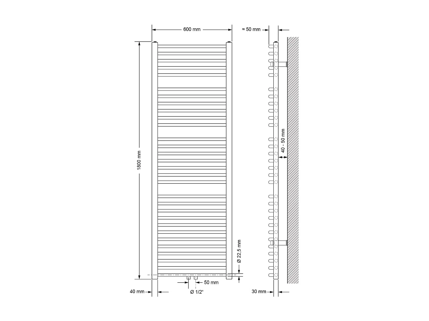 Radiateur Design Sahara Non Electrique, 600 x 1800 mm, Blanc, Connexion Central, avec Kit