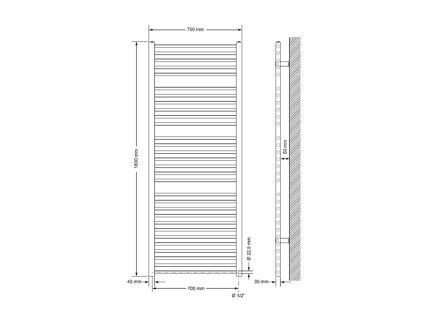 Radiador de baño eléctrico 1200W, 750 x 1800 mm, blanco, recto con conexión