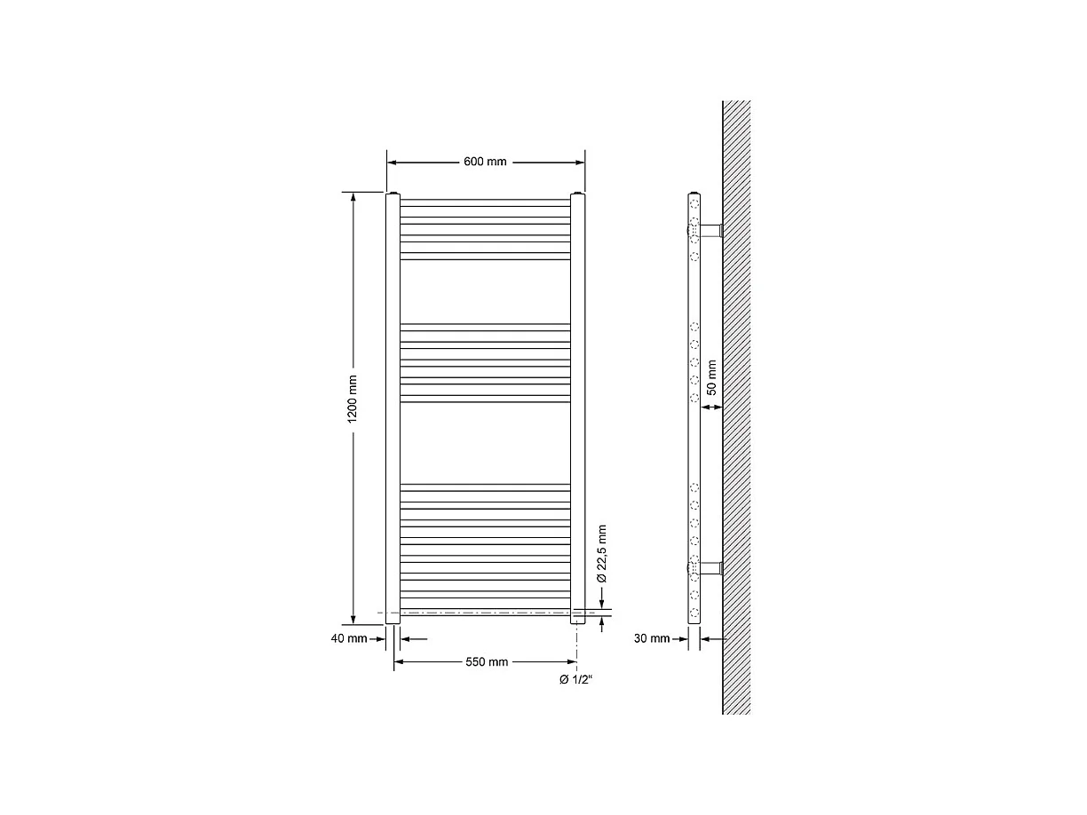 Radiatore con elemento riscaldante elettrico 1200W, 600 x 1200 mm, bianco, attacco laterale