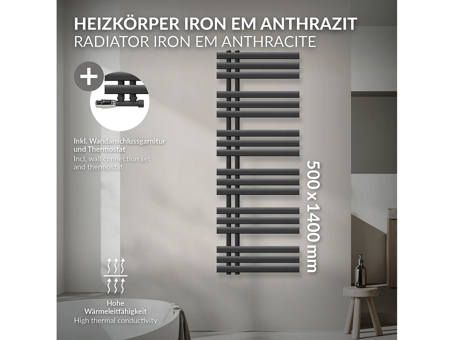 Radiateur de Salle de Bain Iron EM 500x1400 mm Anthracite Raccord Central au Bas