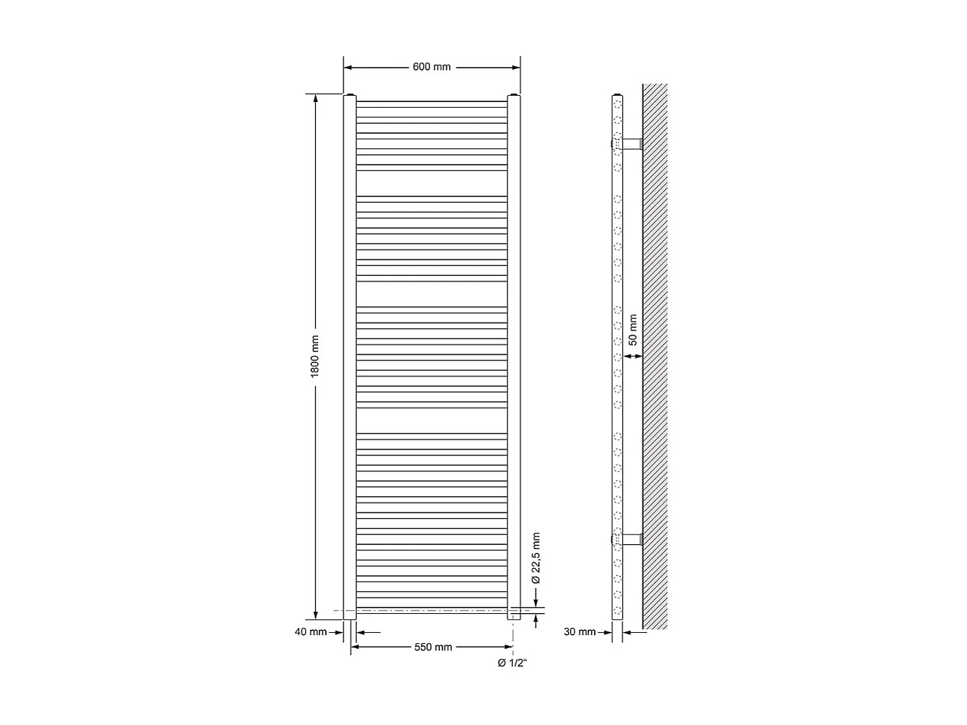 Radiateur avec Élément Chauffant Électrique 1200W, 600 x 1800 mm, Blanc, Connexion Latéral