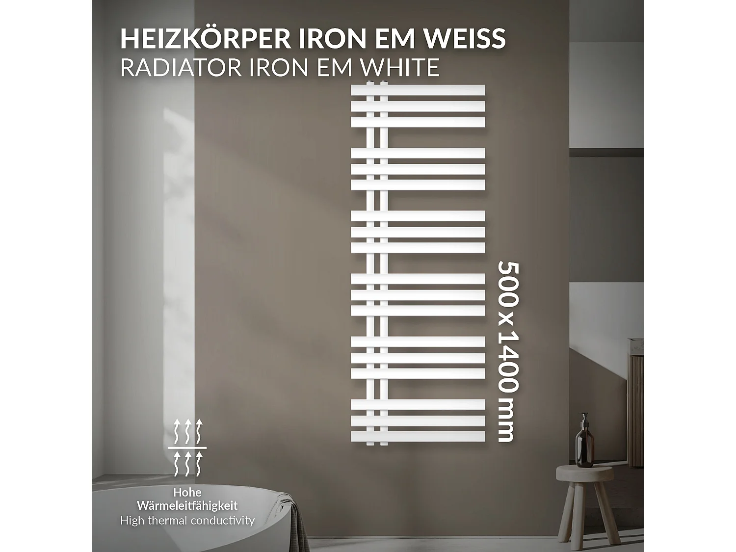 Radiador toallero Iron EM Design, 500 x 1400 mm, blanco, radiador de baño