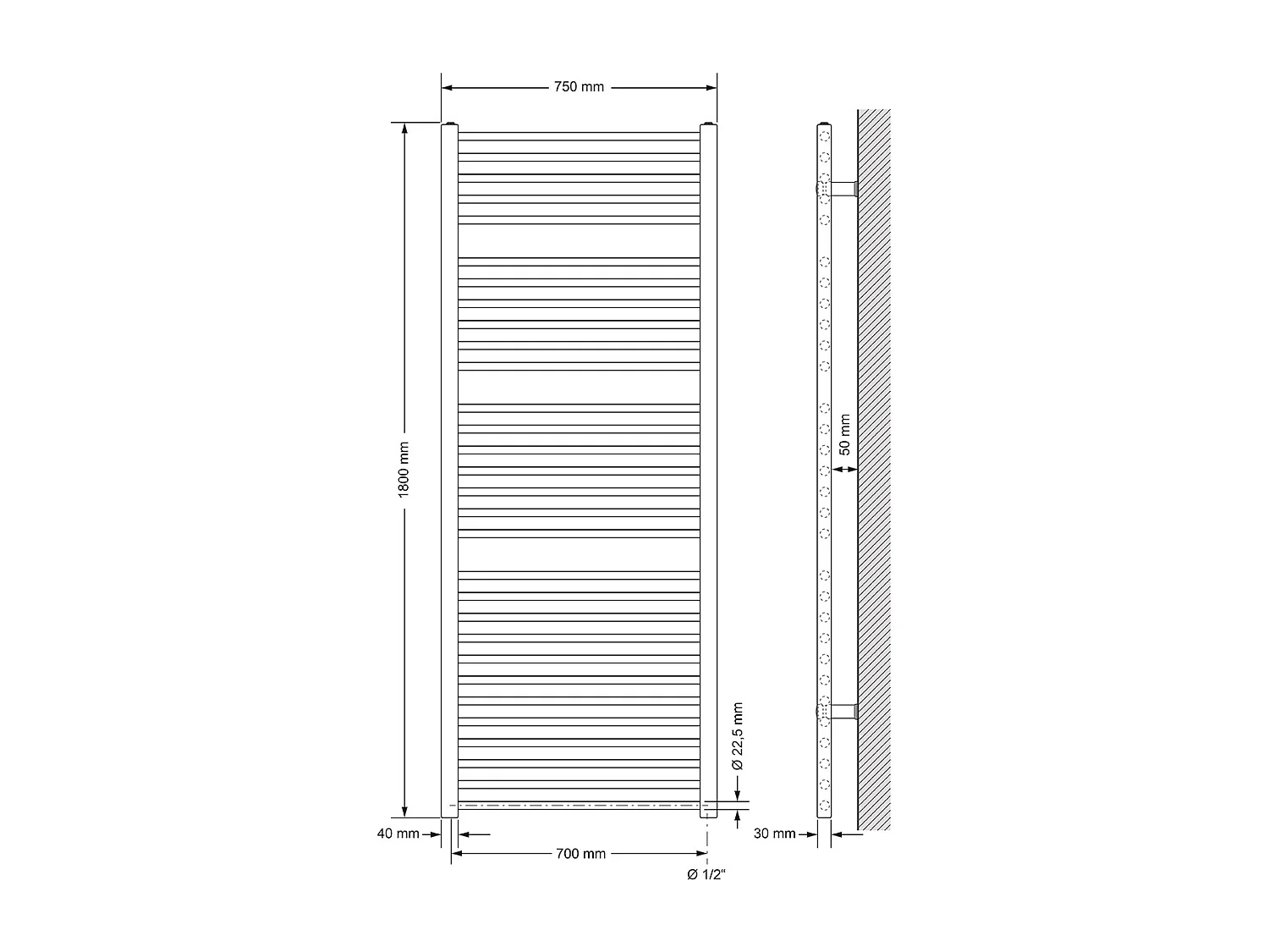 Radiador toallero Sahara, 750 x 1800 mm, blanco, recto con conexión lateral