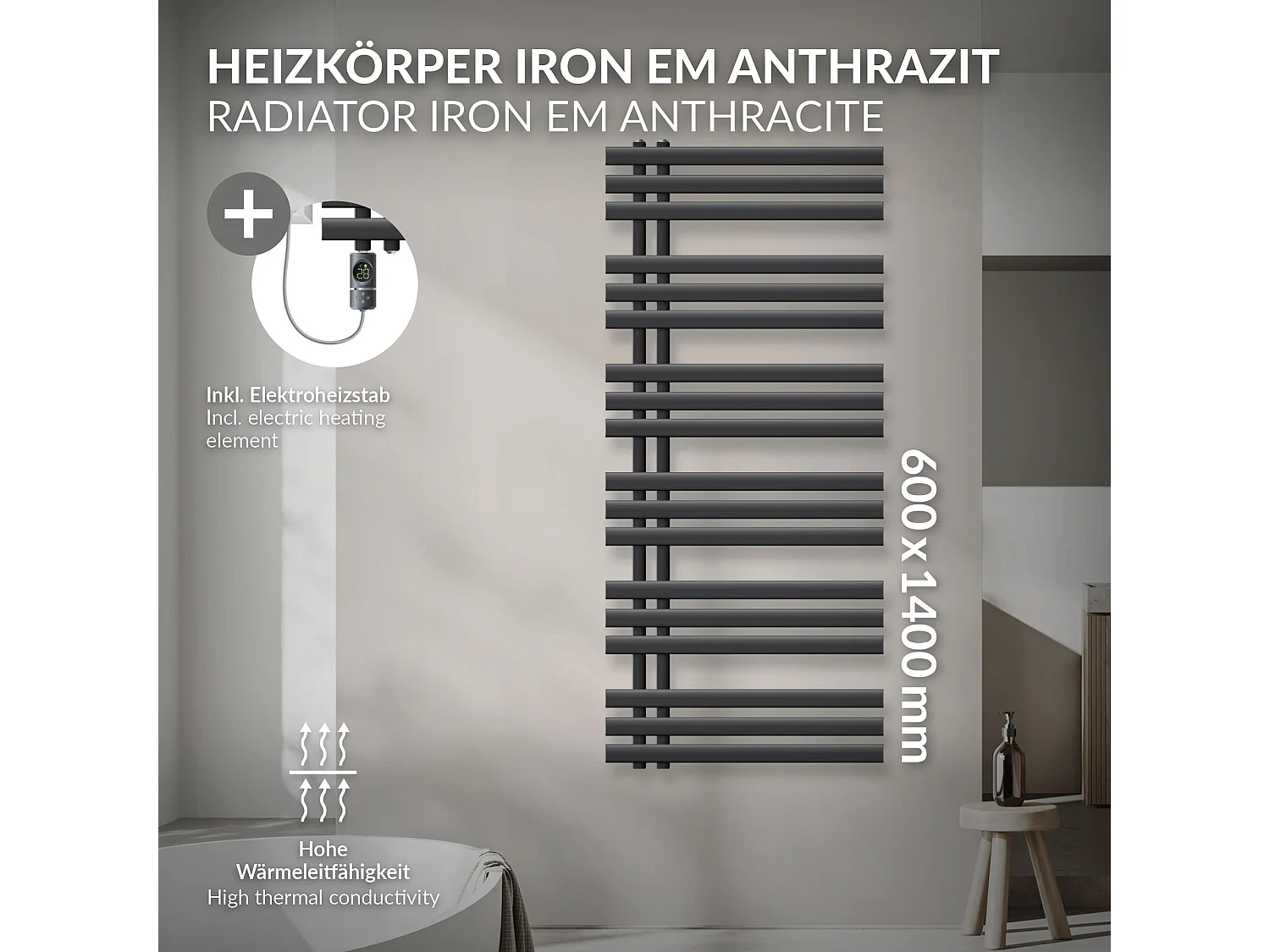 Radiateur électrique pour salle de bain IronEM 600x1400mm Anthracite + résistance 1200W