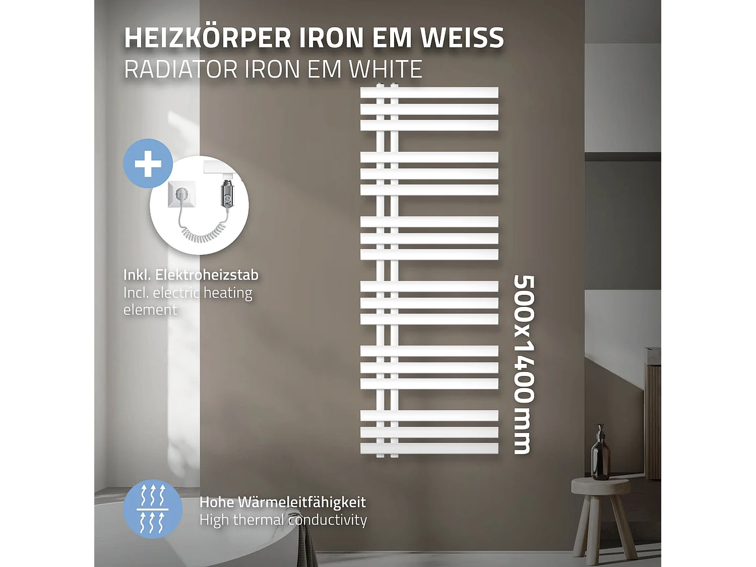 Radiador Eléctrico Iron EM Design con Resistencia 1200 W, 500 x 1400 mm, Color Blanco