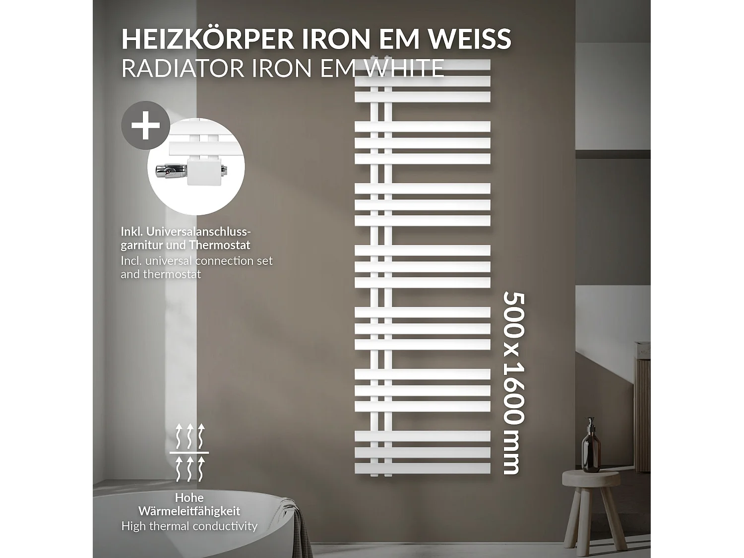 Radiateur Design Iron EM 500x1600 mm Blanc Raccord Central au Bas avec Garniture