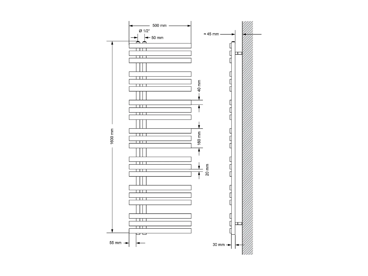 Radiateur Design Iron EM 500x1600 mm Blanc Raccord Central au Bas avec Garniture