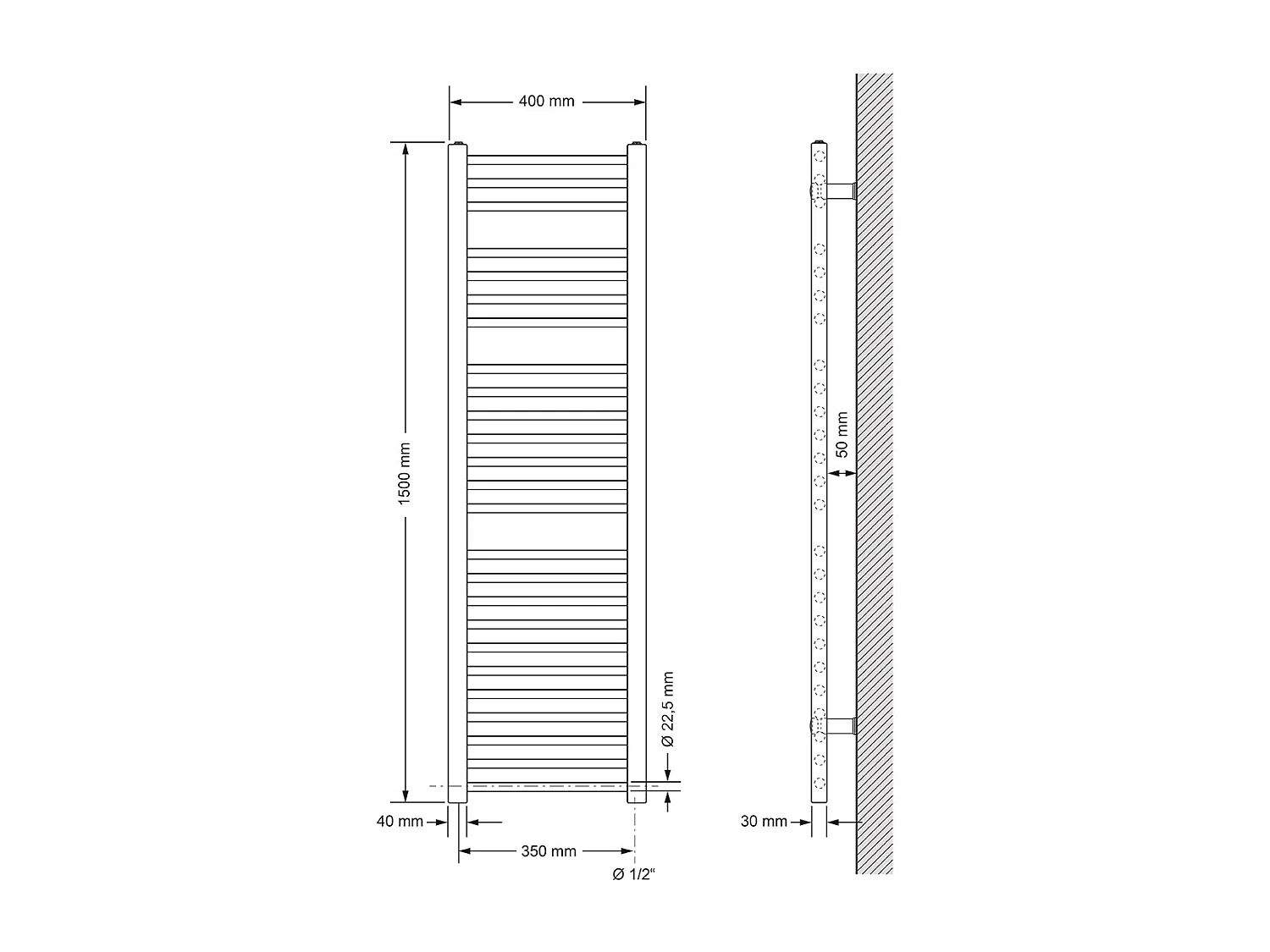 Radiador toallero eléctrico con resistencia 1200W, 400 x 1500 mm, blanco, recto