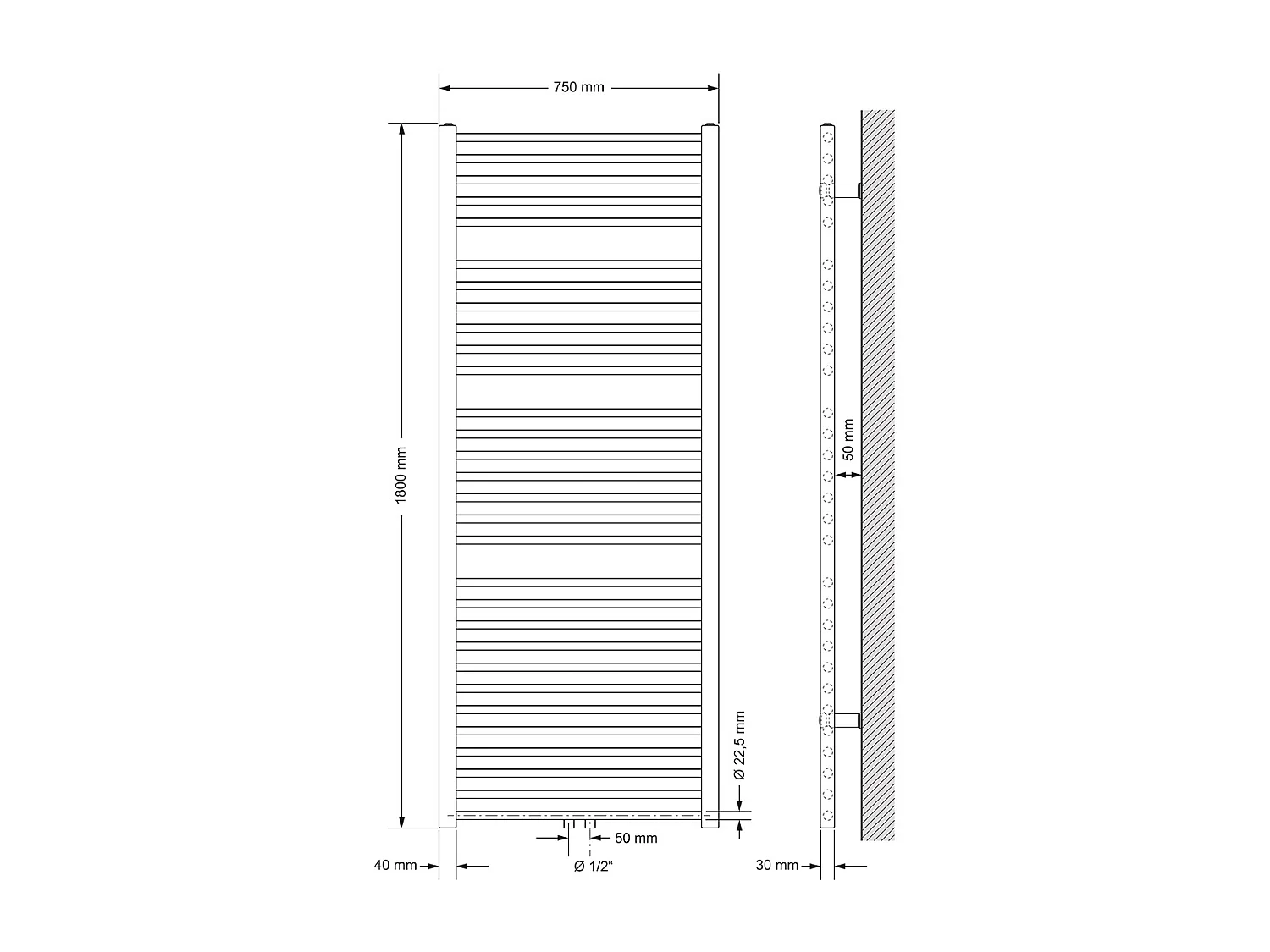 Radiateur Design Sahara Non Electrique, 750 x 1800 mm, Blanc, Connexion Central