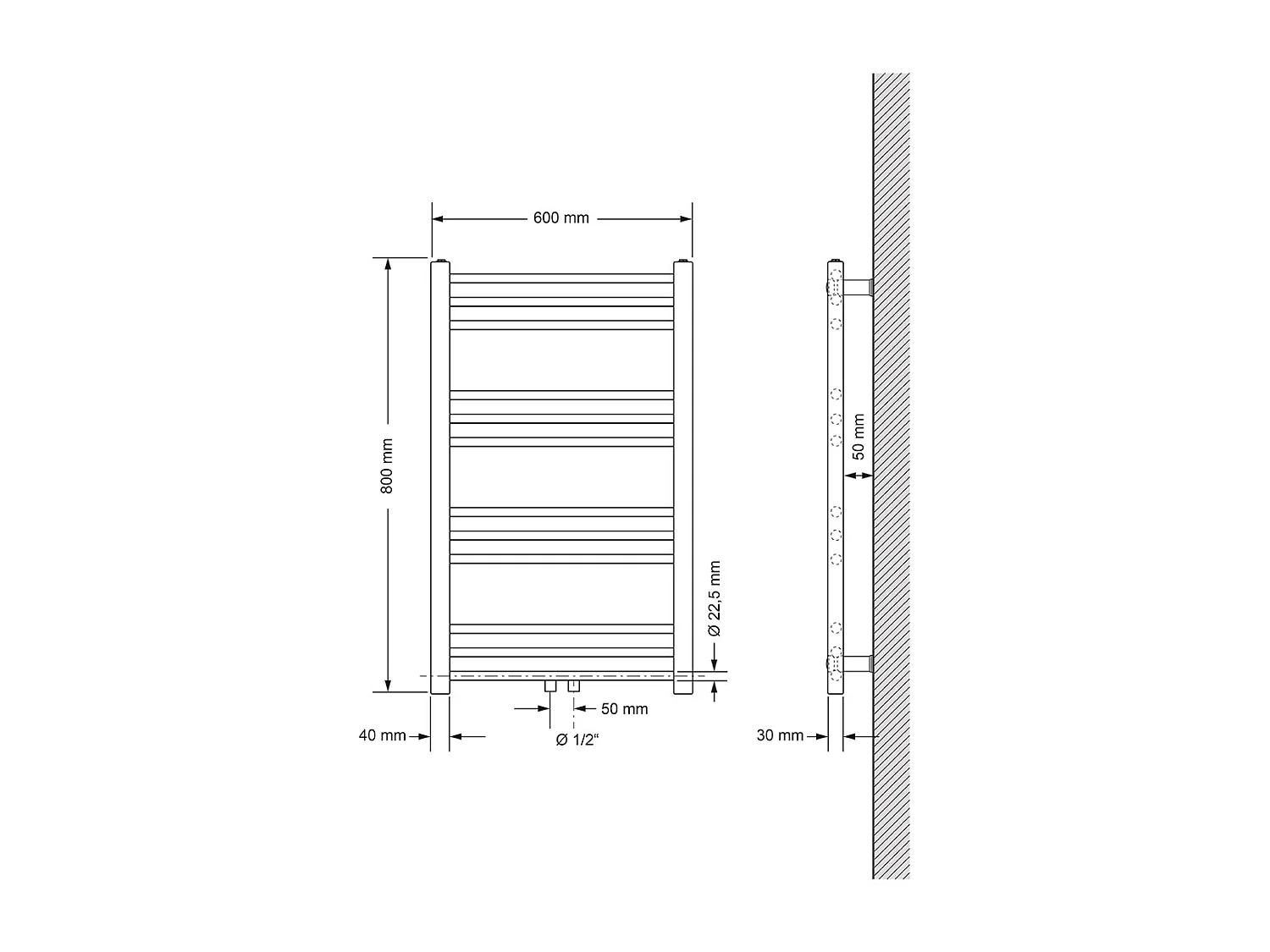 Calentador de toallas no eléctrico Sahara, 600 x 800 mm, blanco, conexión central