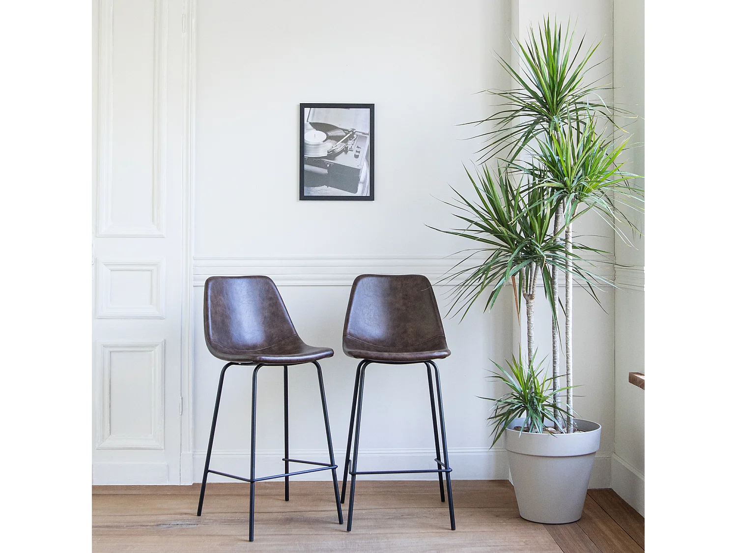 Lot de 2 tabourets de bar vintage LUCIEN marron - Hauteur d'assise 65cm - HAPPY GARDEN