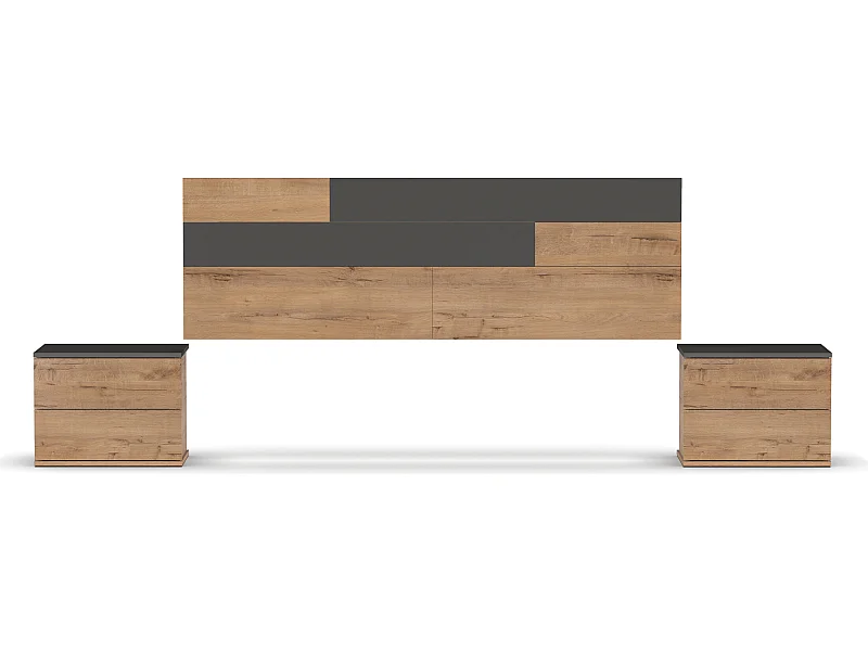Ensemble 2 tables de chevet + tête de lit coloris chêne doré / gris - Hauteur 105 x Longueur 212 x Profondeur 36 cm