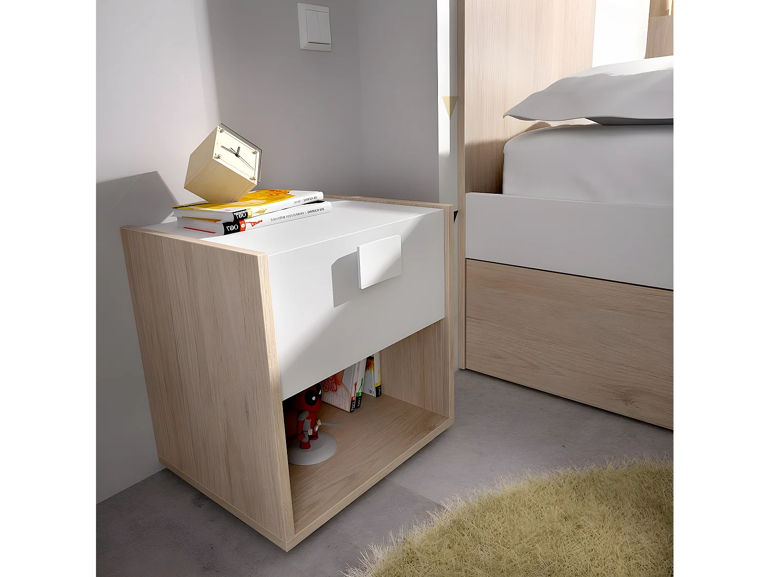 Table de chevet Table de nuit enfant coloris chêne/blanc - Longueur 40 x Hauteur 42 x Profondeur 33 cm